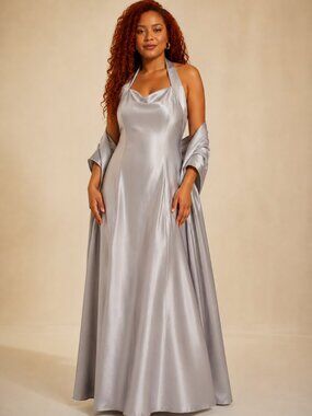 Vintage 90s Silver Satin Formal Gown w/ Crinoline & Built-In Corset
